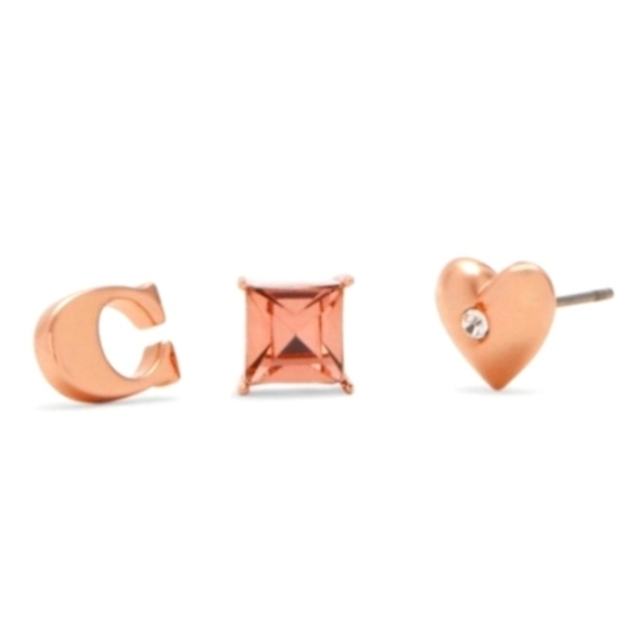 COACH Boxed Signature Pave Heart Stud Earrings Set, 3 pairs Rose Gold Gift NWT - Picture 2 of 5